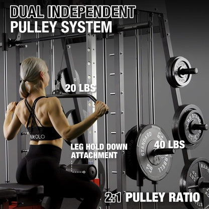 Mikolo Smith Machine, 2200lbs Squat Rack with LAT-Pull Down System & Cable Crossover Machine, Training Equipment with Leg Hold-Down Attachment