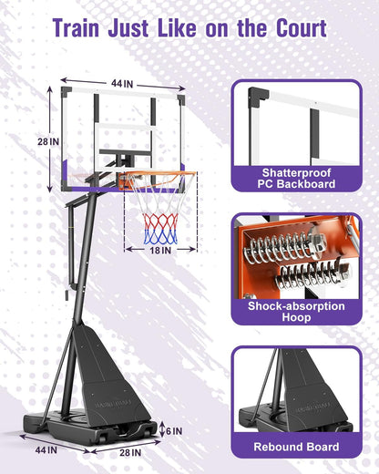 TONBUX Basketball Hoop Outdoor 44/48 Inch Shatterproof PC Backboard, 5.25-10FT Stepless Adjustable Height, Portable Basketball Hoop for Kids/Teens/Adults in Backyard, Driveway and Indoor