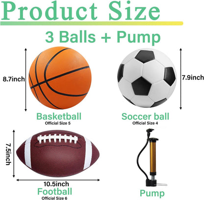 3-Piece Sports Balls Set, Includes Size 5 Basketball, Size 4 Soccer Ball, Size 6 Football & Pump, Sports Equipment Perfect Sports Gift for for Boys, Girls, Teens, and Adults