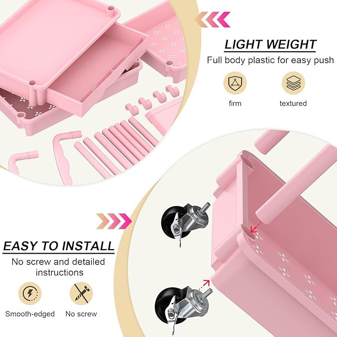 Goovilla 3 Tier Rolling Utility Cart Organizer with Removable Drawer, Stable and Sturdy Pink Rolling Storage Carts with 2 Lockable Wheels for Bathroom, Kitchen, Snack, Craft, Makeup, Baby Essentials