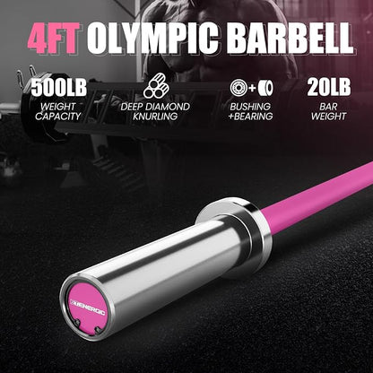4FT Chrome Steel Olympic Barbell, 500LB | 20LB compact bar with 28mm knurled grip, bearing sleeves, 7.6-inch loadable length, and 2-inch plate fit
