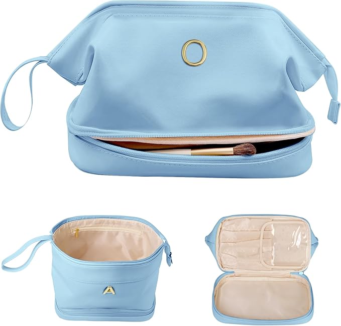 Initial Makeup Bags, Friend Gifts, Personalized Double Layer Cosmetic Bag with Makeup Brush Organizer, Waterproof, Large Capacity PU Leather Travel Toiletry Bag, Birthday Gifts for Girls