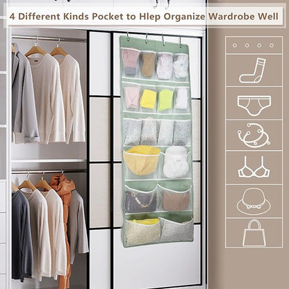 Over the Door Organizer with 4 Kinds of Pockets,Behind Door Shoes Rack,Back of Closet Storage Organization for Socks,Hat,Underwear,Luggage Packing,Hanging Holder Shelf in Home Dorm,Travel,Green