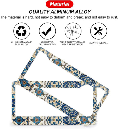 Boho Mexican Tile License Plate Frames - 2 Pcs Set 2 Holes Metal Aluminum Auto Car Accessories Decoration License Plate Frame 12.2 x 6.3 inch for Women Men Gift
