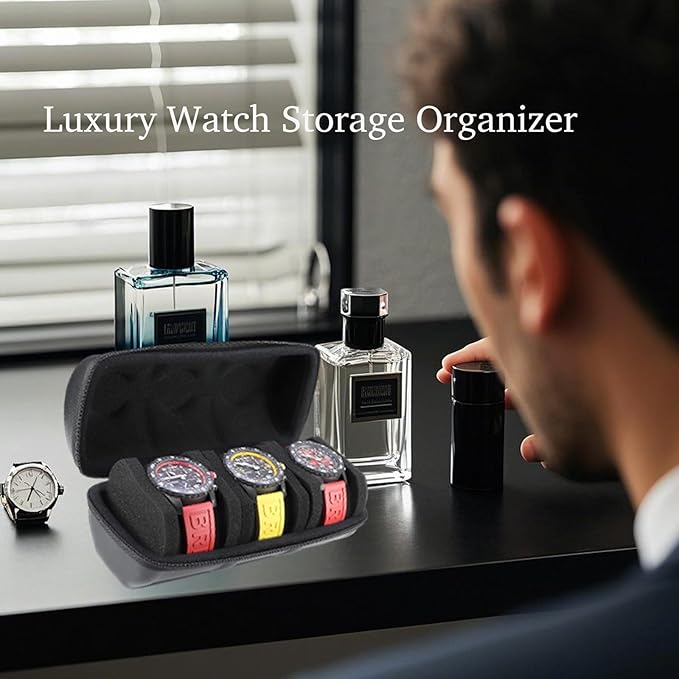 Juntan 3 Slots Hard Watch Travel Case, Portable PU Leather Zipper Storage Organizer Box for Men Women with Soft Compressible Foam Pillow Black