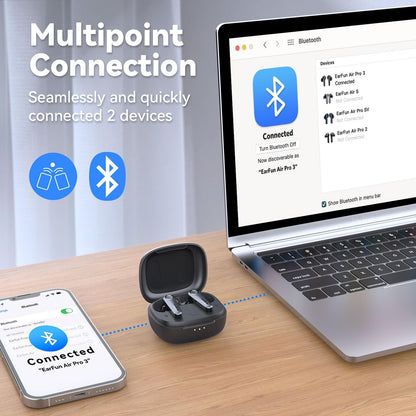 EarFun Air Pro 3 Noise Cancelling Earbuds, Qualcomm® aptX™ Adaptive Sound, 6 Mics CVC 8.0 ENC, Bluetooth 5.3 Earbuds, Multipoint Connection, 45H Playtime, App Customize EQ, Wireless Charging