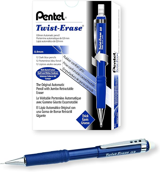 Pentel Twist-Erase III Mechanical Pencil, (0.9mm), Blue Barrel, Box of 12 (QE519C)