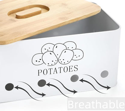 3 Pack Potato Onion Garlic Storage Set, Iron Vegetable Storage Bins with Holes Bamboo Lids, Stackable Kitchen Organization Container Storage Tin for Countertop Pantry