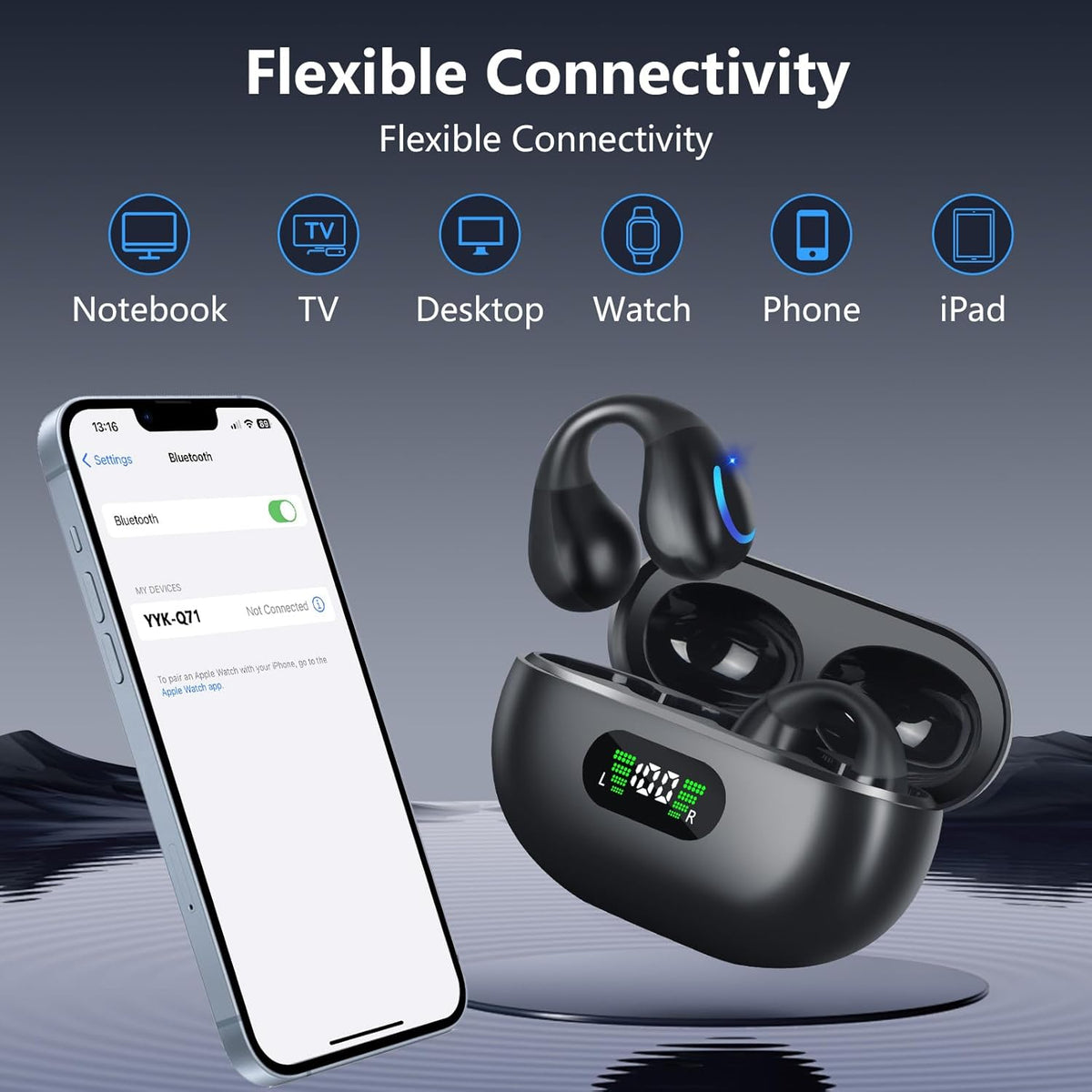 Open Ear Bone Conduction Headphones Bluetooth 5.3 Wireless Clip On Earbuds with Digital Display Charging Case 60 Hours Playtime Sport Earphones Built-in Mic IPX7 Waterproof for Running Fitness Black