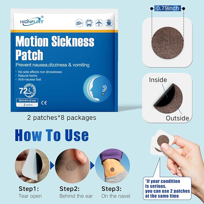 16ct Motion Sickness Patches – Sea Sickness Patches for Cruise, Car, Airplane, and Other Travel – Non-Drowsy, Effective, Lasts 72 Hours