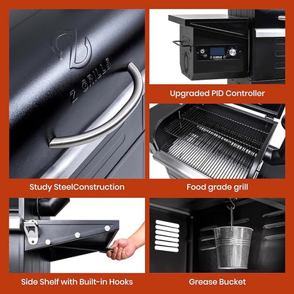 Z GRILLS Wood Pellet Grill & Smoker 8-in-1 Pellet Grill with Automatic Temperature Control，Meat Probes，572 Sq. in Area for Backyard Camping Outdoor Party,Bright Black
