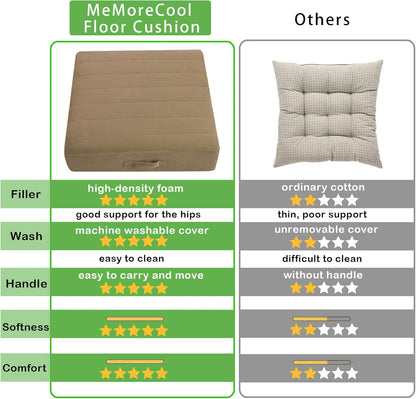MeMoreCool Square Floor Pillow Seating for Adults Kids, Large Meditation Cushion Floor Pillow with Thick Foam & Soft Tufted Cover, Washable Big Pillow Seat Floor Cushion for Sitting Yoga 22" Coffee