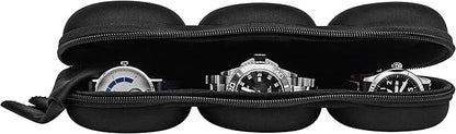 Triple Watch Travel Case Storage Organizer For 3 Watches | Tough Portable Protection w/Zipper Fits All Wristwatches & Smart Watches Up To 50mm (Black)