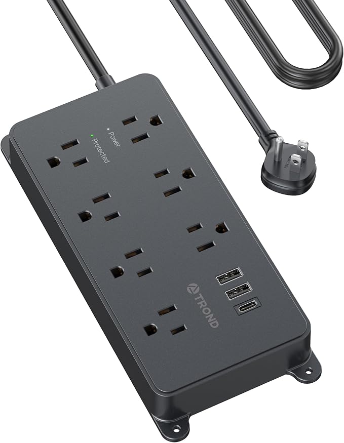TROND Surge Protector Power Strip, Flat Plug 15ft Long Extension Cord, 7 Widely-Spaced Outlets with 3 USB Ports, ETL Listed, 1700J, Wall Mountable, for Home Office Garage, Black