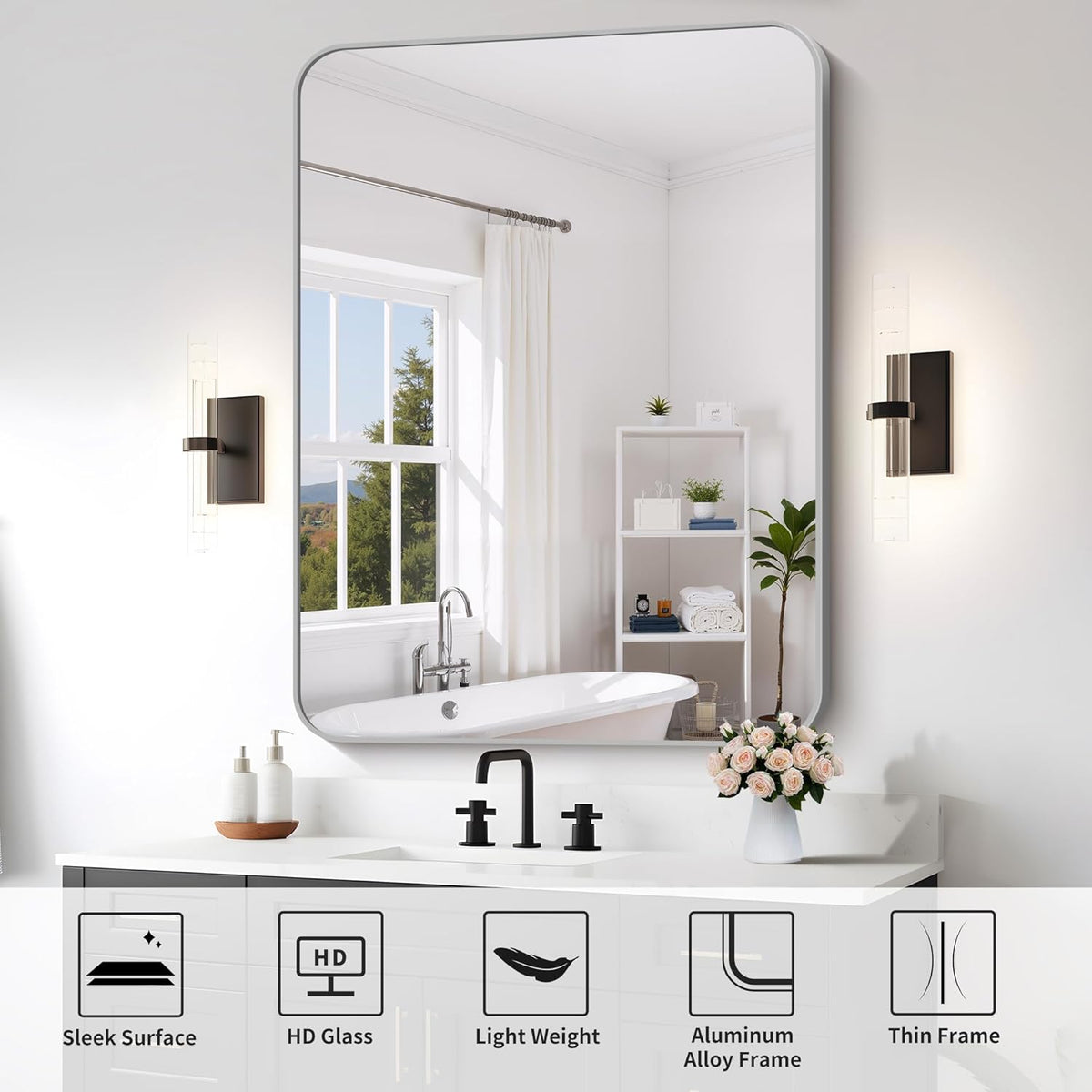 FORBATH 40x48 Inch Silver Bathroom Mirror for Over Sink, Large Rectangular Wall Mirror with Metal Frame, Rounded Corners for Bathroom, Bedroom, Entryway Decor (Horizontal or Vertical)