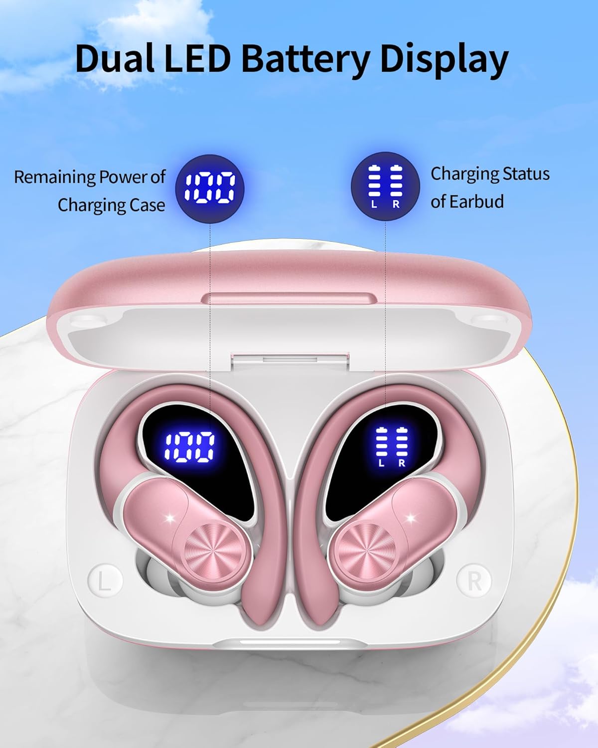 PocBuds Bluetooth Headphones Wireless Earbuds 80hrs Playtime Wireless Charging Case Digital Display Sport Ear Buds with Earhook Deep Bass IPX7 Waterproof Over-Ear Earphones for Phone Laptop Rose Gold