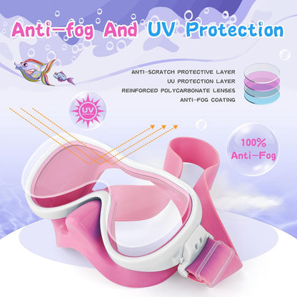 Kids Swim Goggles 180° Snorkel Diving Mask with Nose Cover, Anti-Fog Kids Swimming Goggles with Elastic Fabric Strap for Kids Boys Girls
