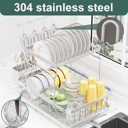 LIYI Dish Drying Rack,Large Dish Rack for Kitchen Counter,2-Tier Dish Racks with draining Tray,Detachable Capacity Dish Drainer Organizer,White