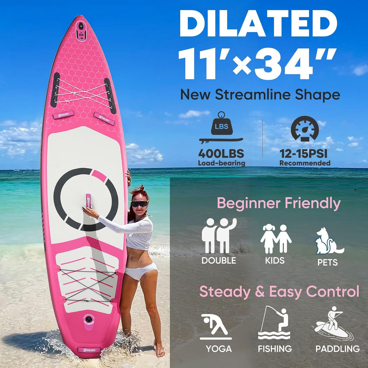 Inflatable Paddle Board,Stand Up Paddle Board Set, Extra Wide SUP Board with Removable Fin, Floating Paddle, Hand Pump, Waterproof Phone Pouch,Traveling Board