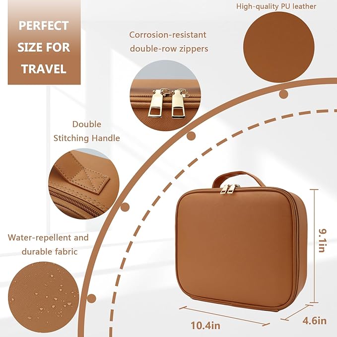 Travel Makeup Bag for Women and Makeup Artists Cosmetic Organizer Large Makeup Case,Travel Makeup Bag with Mirror 3 Color Setting,Portable Storage and Adjustable Dividers(CARAMEL COLOR)