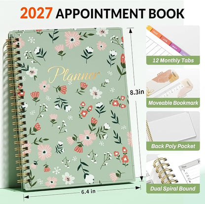 SUNEE 2027 Appointment Book, Quarter-Hourly, Weekly Monthly Planner, 6" x 8.3",Green Wildflower
