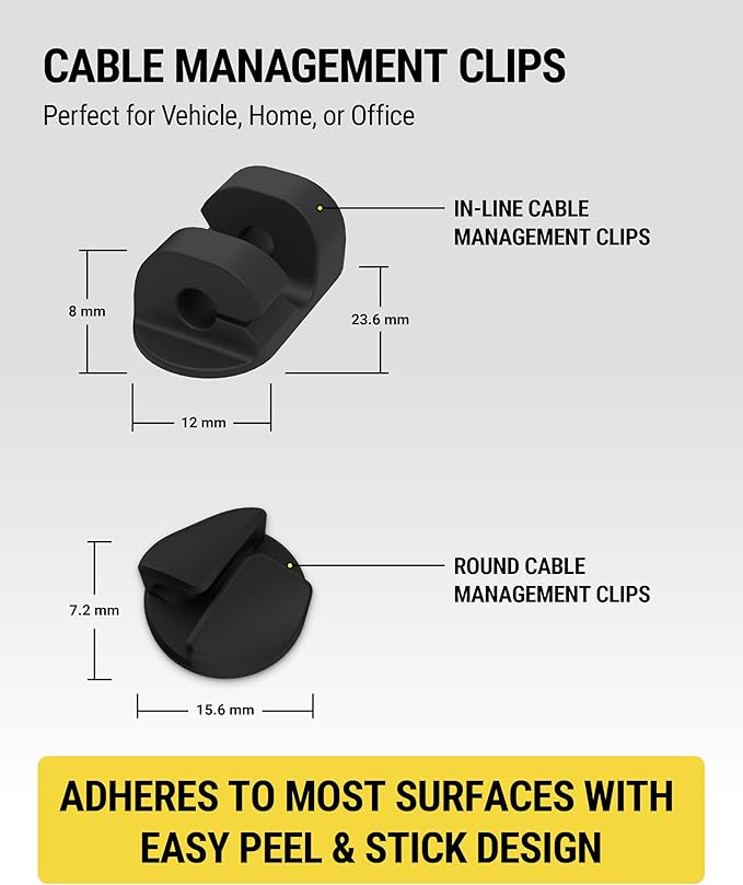 Scosche CMAA2R-6PKRP 6 Pack Adhesive Cable Management Clip Kit in Two Styles, Cord Organizer, Wire Holder for Desk, Nightstand, Phone Charger, Computer, Home, Office, Car, Black
