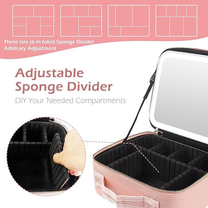 MOMIRA Makeup Train Case with Light & Mirror Large Cosmetic Organizer with Adjustable Dividers for Cosmetics,10X Magnifying Makeup Mirror,Pink
