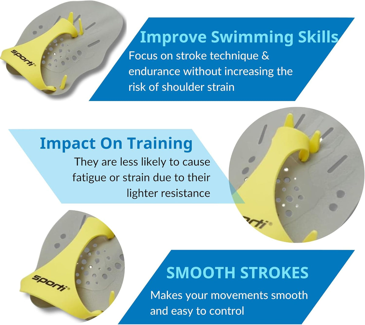 Sporti Hand Paddles for Swimming - Lightweight Swimming Paddles, Adjustable Silicone Straps