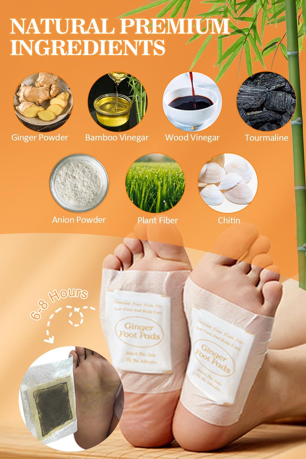 Foot Pads - 60Pads Pure Natural Ginger Powde Bamboo Vinegar Pads, Goodnight Foot Pads for Travel or Home Use