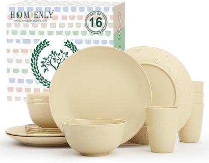 Homienly Premium Wheat Straw Dinnerware Sets, Lightweight & Unbreakable Plates and Bowls Sets,Cups,Service for 4,Dishwasher and Microwave Safe 16 PCS Dish Sets for Home，Camping- Beige