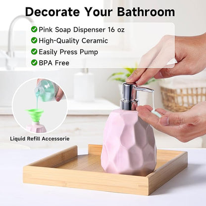 Ceramic Bathroom Accessories Set 4 PCS,Bathroom Toothbrush Holder Set,Soap and Toothbrush Holder Set,Include Toothbrush Holder,Soap Dispenser,Tumbler,Soap Dish,Bathroom Sets Decor Organizer (Pink)