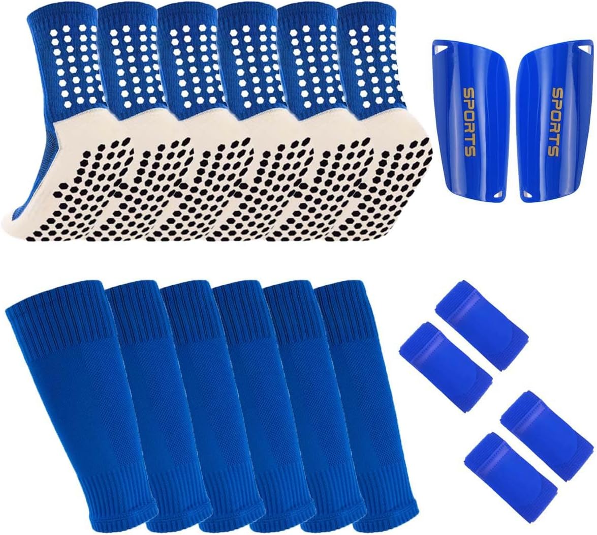 3 Pairs Mens Grip Soccer Socks, 3 Pairs Shin Sleeves with 1 Pack Shin Guards and 4 Shin Straps, Soccer Football Game Set 11 Pcs
