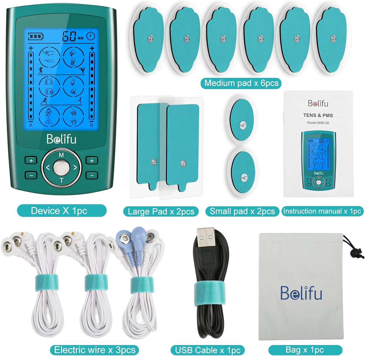 Belifu Dual Channel TENS EMS Unit 24 Modes Muscle Stimulator for Pain Relief Therapy, Electronic Pulse Massager Muscle Massager with 10 Pads, Dust-Proof Drawstring Storage Bag, Fastening Cable Ties