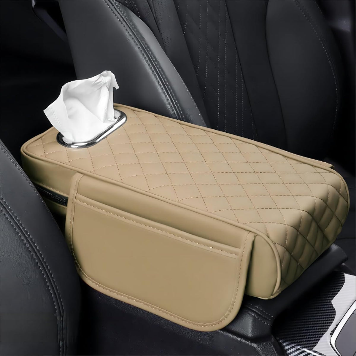 Car Armrest Cover Leather Car Console Covers Box Pad with Pocket and Tissue Box Arm Rest Cover for Car for SUV Truck Sedan Vehicle (Beige)