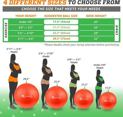 SmarterLife Exercise Ball Yoga Ball for Fitness, Balance, Stability, or Pregnancy, Gym Ball for Core Workout, Physical Therapy, Yoga Ball Chair for Office, Anti-Slip Anti-Burst