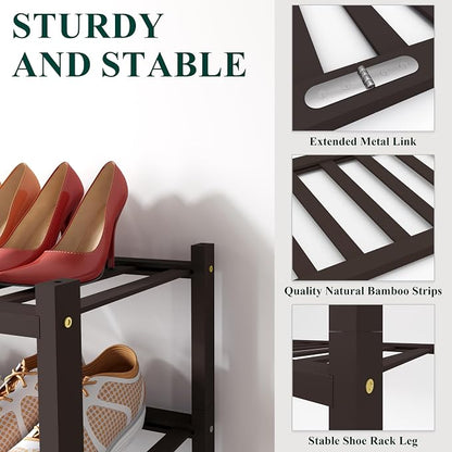 Smiry Bamboo Shoe Rack, 5 Tier Free Standing Wooden Shoe Organizer, Stackable Wood Shoe Storage Shelf for Closet, Entryway, 12 Vertical Slats, 2+2+1 Stack Standard Legs, 26.8"x11"x32.5", Brown