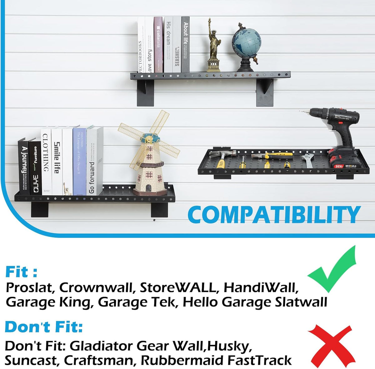 Slatwall Shelves 24x10 Inch, Slatwall Accessories for Retail, Garage, Home Storage, Heavy Duty Slat Wall Hanging Shelf (4, Black)