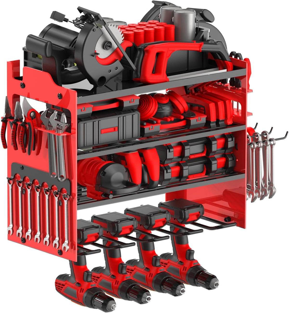 Power Tool Organizer Wall Mount with 4-Drill Holders-400Lbs Load Heavy Duty Metal 4-Layers Garage Storage & Organization Battery Tools Rack with Side Panels Utility Racks Workshop Gifts for Men
