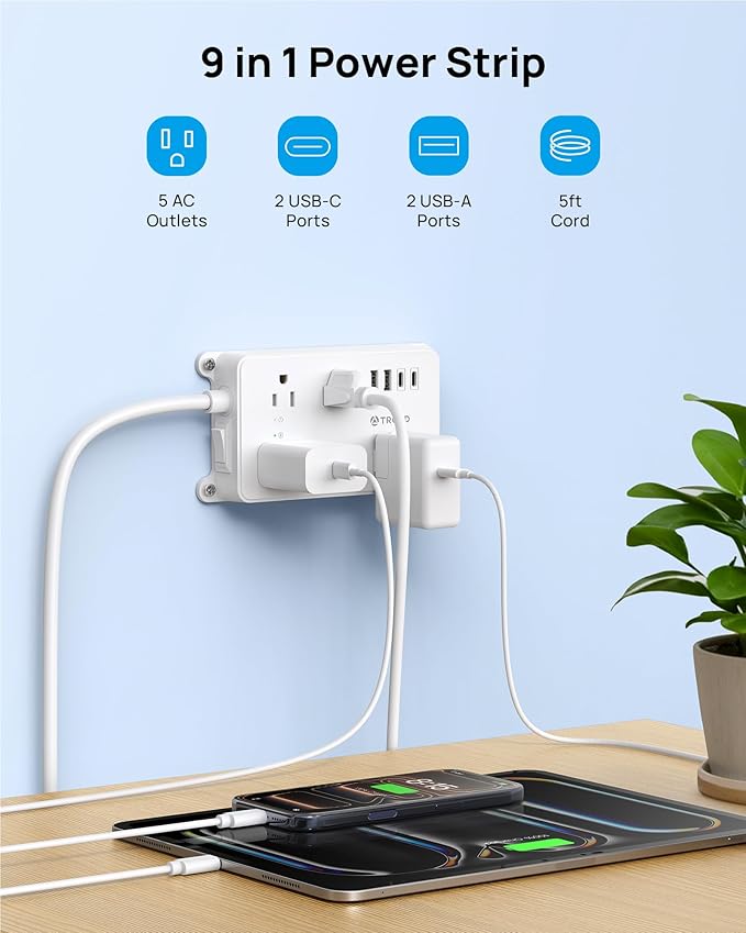 TROND Power Strip with USB, Surge Protector Flat Plug with 5 Widely-Spaced Outlets and 4 USB Ports, ETL Listed, 1300J, Wall Mountable, 5ft Extension Cord, for Office Kitchen, White