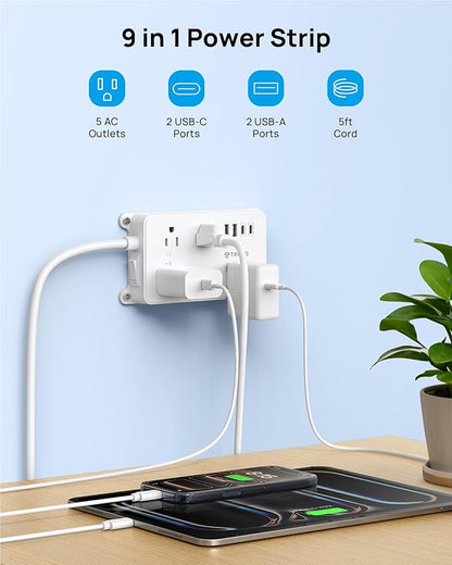 TROND Power Strip with USB, Surge Protector Flat Plug with 5 Widely-Spaced Outlets and 4 USB Ports, ETL Listed, 1300J, Wall Mountable, 5ft Extension Cord, for Office Kitchen, White