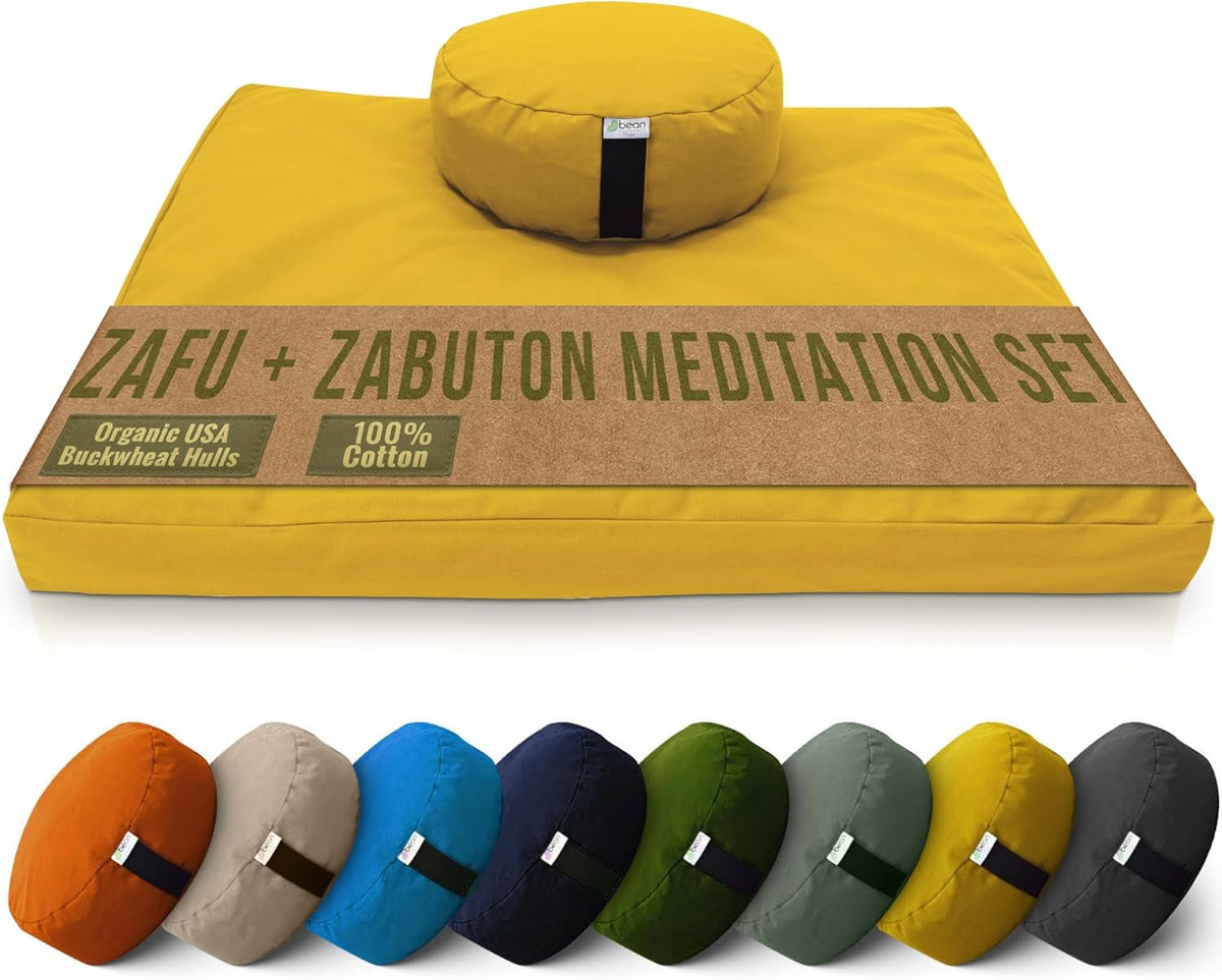 Bean Products Meditation Cushion Mat Set - Zafu Floor Pillow Organic Buckwheat Pillow + Cotton Filled Zabuton Prayer Pad - Meditation Pillow Yoga Knee Pad - Made in USA - 14" Round or 18" Oval