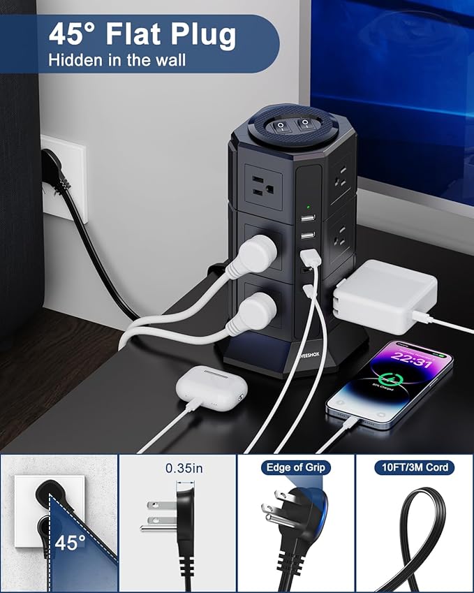 Surge Protector Power Strip Tower, 10FT Ultra Flat Extension Cord with 12 AC Outlets 5 USB Ports(2 Type C), Desktop Charging Station, Flat Plug Outlet Extender for Home Office Dorm