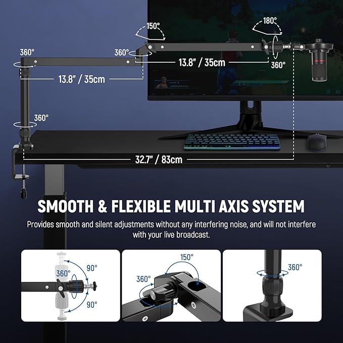 NEEWER Low Profile Mic Arm Desk Stand Mount with Damping, 360° Swivel Articulating Boom Arms with Heighten Pole & Cable Management Channels for Microphone Podcast Gaming Streaming Zoom Calls, MST002