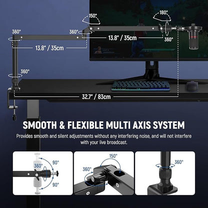 NEEWER Low Profile Mic Arm Desk Stand Mount with Damping, 360° Swivel Articulating Boom Arms with Heighten Pole & Cable Management Channels for Microphone Podcast Gaming Streaming Zoom Calls, MST002
