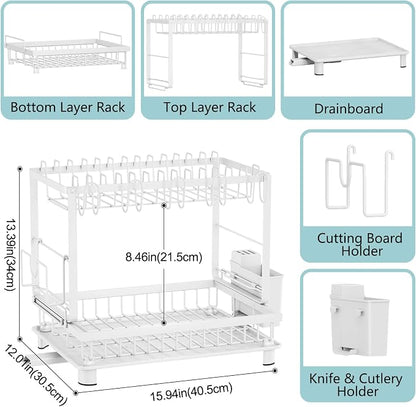 Multifunctional Dish Drying Rack - Rustproof, 2-Tier Dish Racks with Drainboard, Space-Saving Design, Utensil & Cup Holder for Kitchen Counter, White