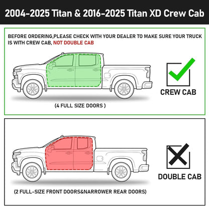 Running Boards Compatible with Vehicle 2004-2025 Nissan Titan Crew Cab, 2016-2025 Titan XD Crew Cab, Two-Stair Side Steps, 6 Inch Black Step Bars, Truck Nerf Bars with Middle Steps.