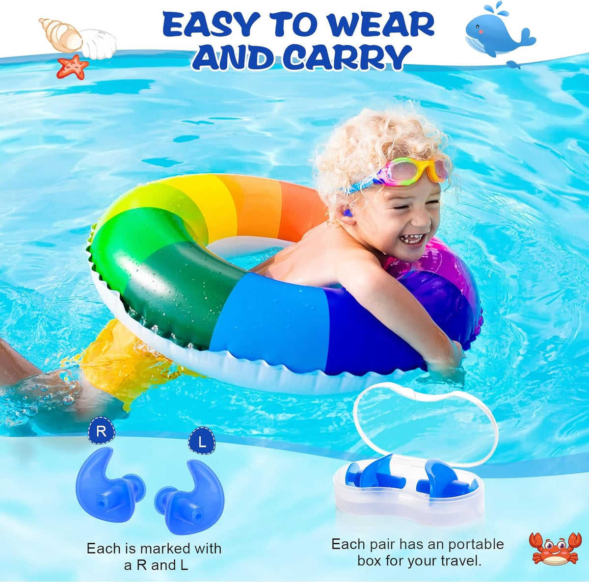 Hearprotek Swimming Ear Plugs, 3 Pairs Soft Waterproof Reusable Earplugs for Swimming Showering Bathing and Other Water Sports Suitable for 6+ Kids(Blue/Orange/Purple)