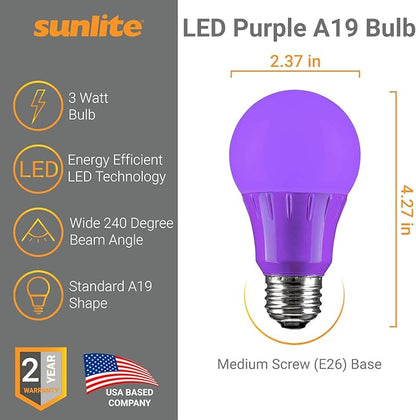 Sunlite 40946 LED A19 Colored Light Bulb, 3 Watts (25w Equivalent), E26 Medium Base, Non-Dimmable, UL Listed, Party Decoration, Holiday Lighting, 6 Count, Purple
