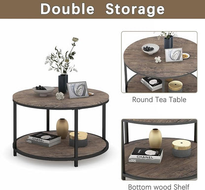 NSdirect Round Coffee Table, 25.6" Small Coffee Table for Living Room,2-Tier Rustic Wood Desktop with Storage Shelf Modern Design Home Furniture(Light Walnut)