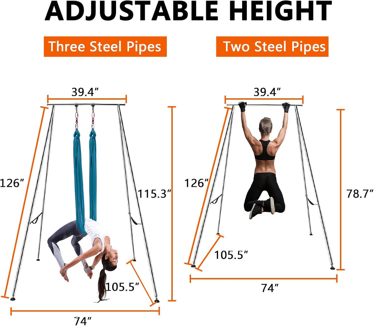 TECSPEC 9.6 FT/115.3 Inch Adjustable Height Aerial Yoga Frame & Hammock, Professional Swing Stand with 18 FT/33FT Aerial Silk, 550lbs Max Capacity